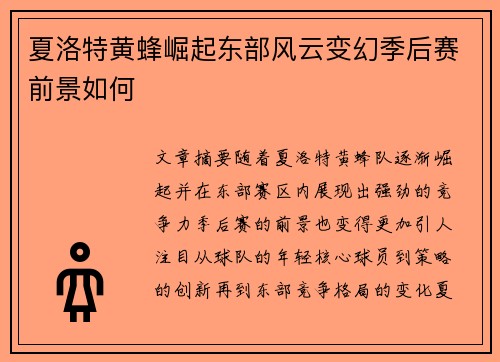 夏洛特黄蜂崛起东部风云变幻季后赛前景如何