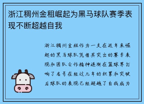 浙江稠州金租崛起为黑马球队赛季表现不断超越自我