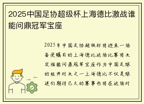 2025中国足协超级杯上海德比激战谁能问鼎冠军宝座
