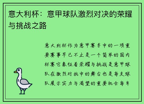 意大利杯：意甲球队激烈对决的荣耀与挑战之路